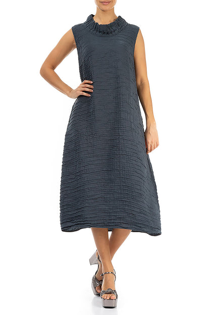 Cowl Neck Crinkled Graphite Silk Dress 4