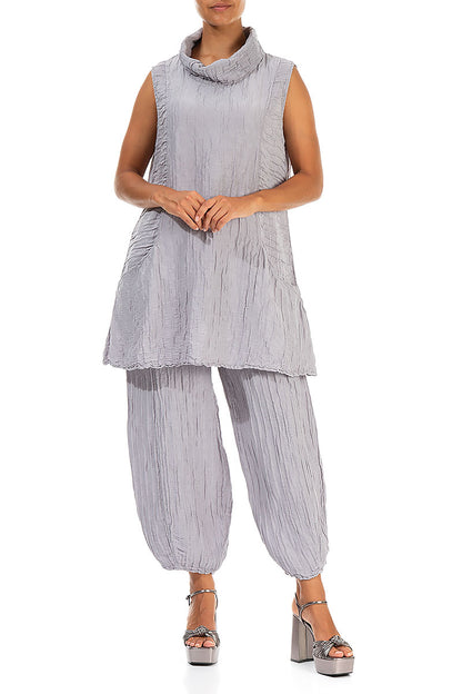 Cowl Neck Crinkled Lilac Grey Silk Tunic 4