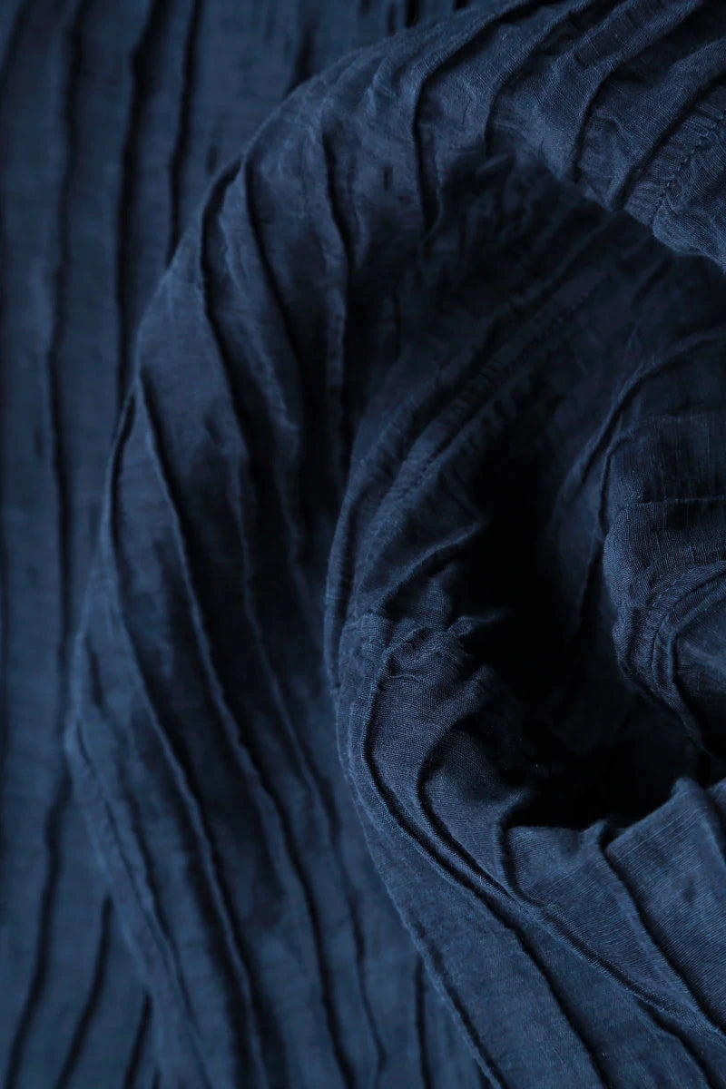 Cowl Neck Crinkled Navy Silk Blouse 5