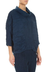 Cowl Neck Crinkled Navy Silk Blouse 3