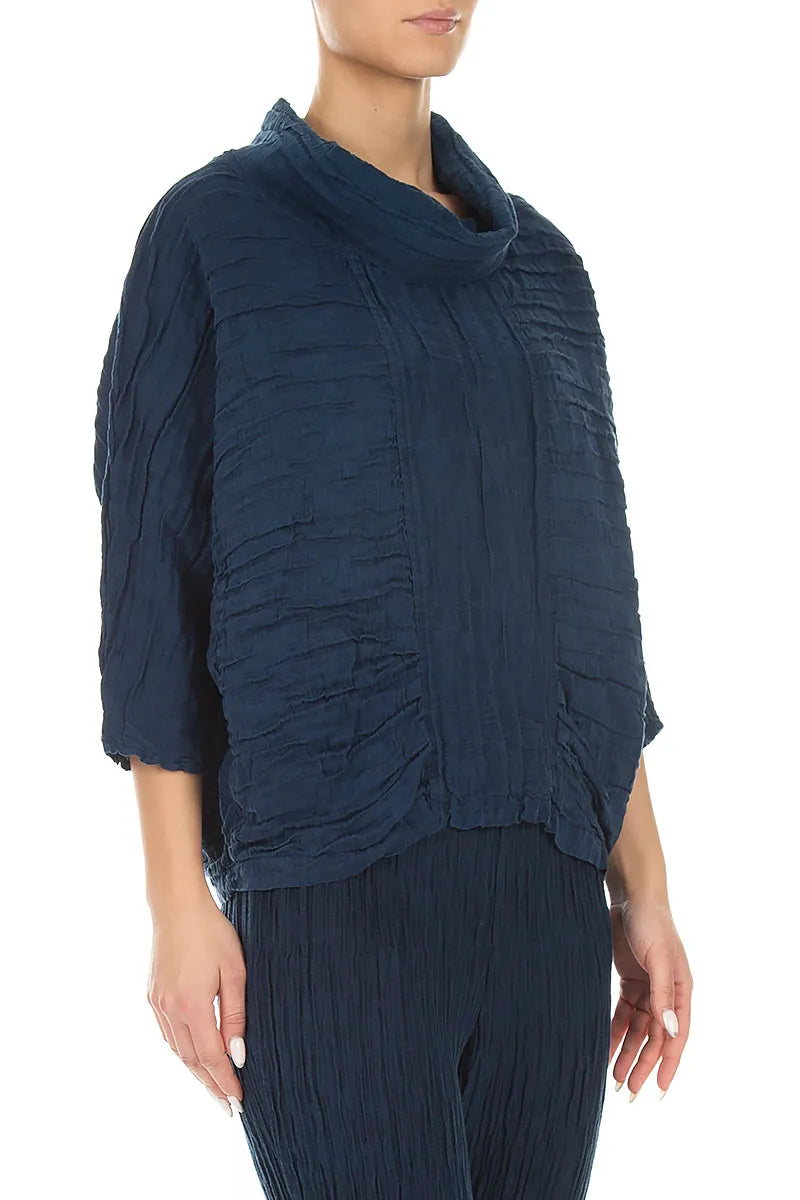Cowl Neck Crinkled Navy Silk Blouse 3