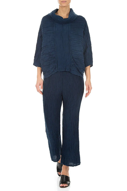 Cowl Neck Crinkled Navy Silk Blouse 4