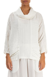 Cowl Neck Crinkled Off White Silk Linen Blouse 1