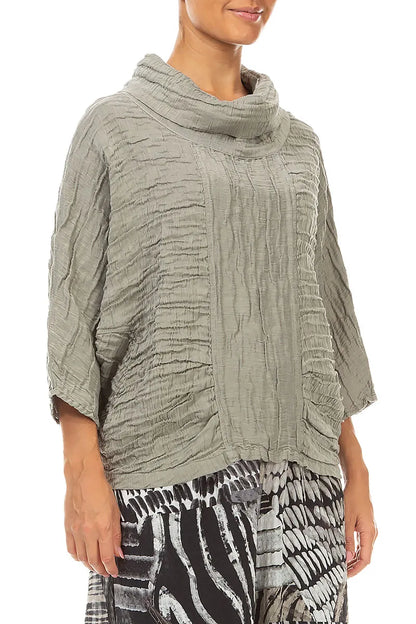 Cowl Neck Crinkled Olive Grey Silk Linen Blouse 3