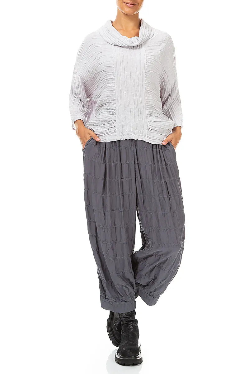 Cowl Neck Crinkled Pearl Grey Silk Linen Blouse 4