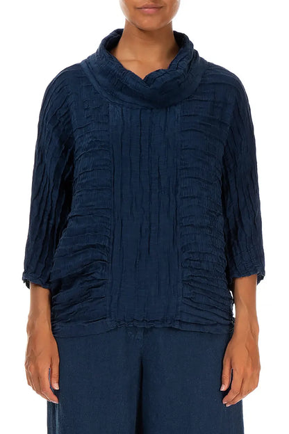 Cowl Neck Crinkled Royal Blue Silk Blouse 1