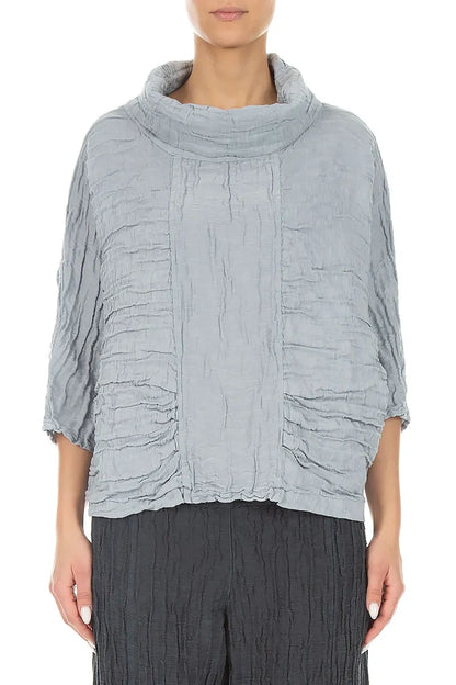 Cowl Neck Crinkled Silver Grey Silk Linen Blouse