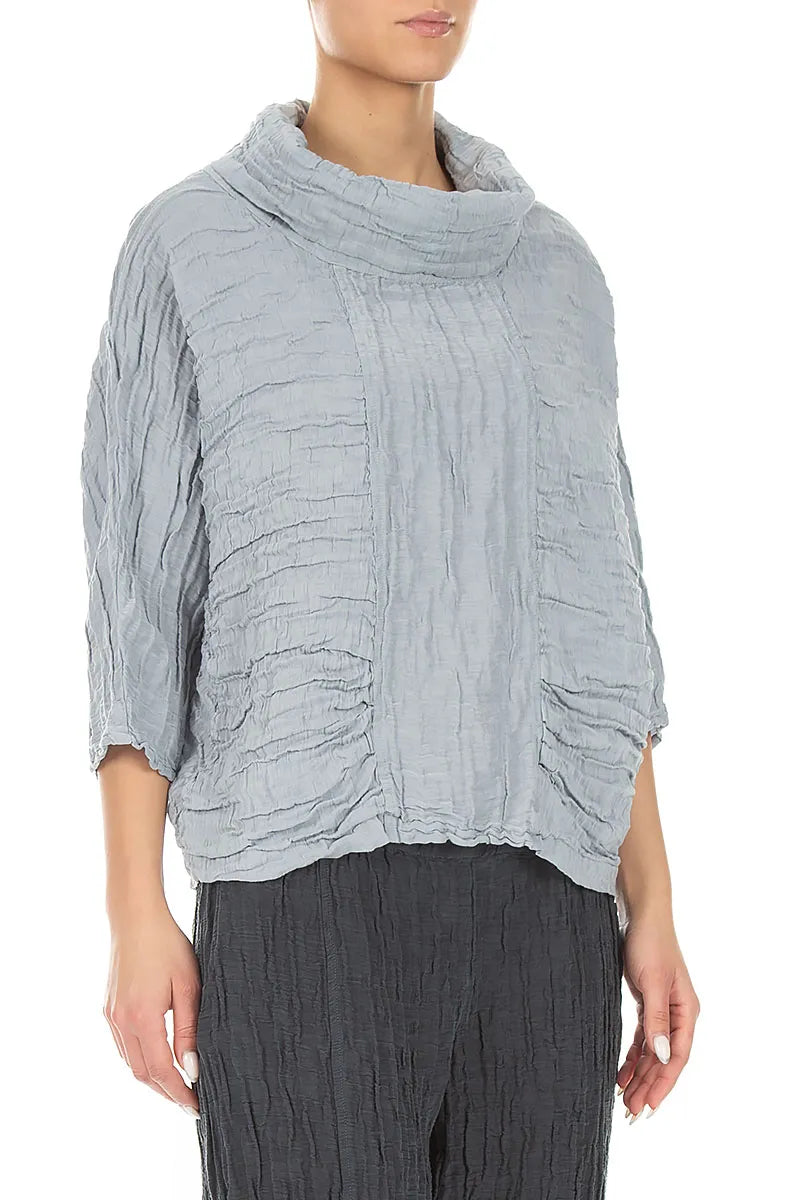 Cowl Neck Crinkled Silver Grey Silk Linen Blouse