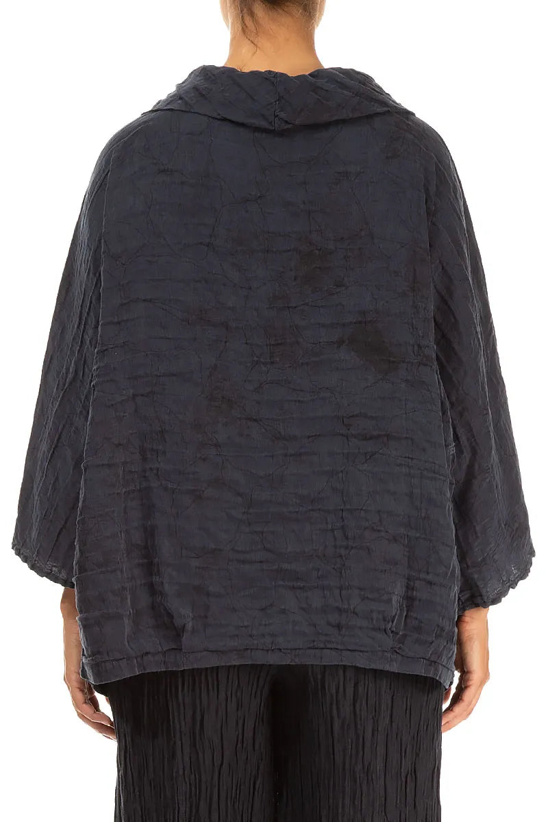 Cowl Neck Crinkled Slate Blue Marble Silk Blouse