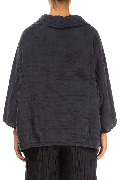Cowl Neck Crinkled Slate Blue Marble Silk Blouse