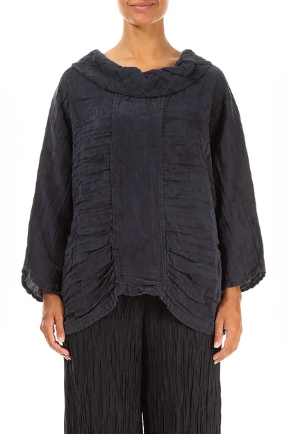Cowl Neck Crinkled Slate Blue Marble Silk Blouse