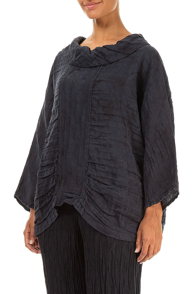 Cowl Neck Crinkled Slate Blue Marble Silk Blouse