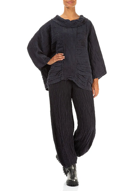 Cowl Neck Crinkled Slate Blue Marble Silk Blouse