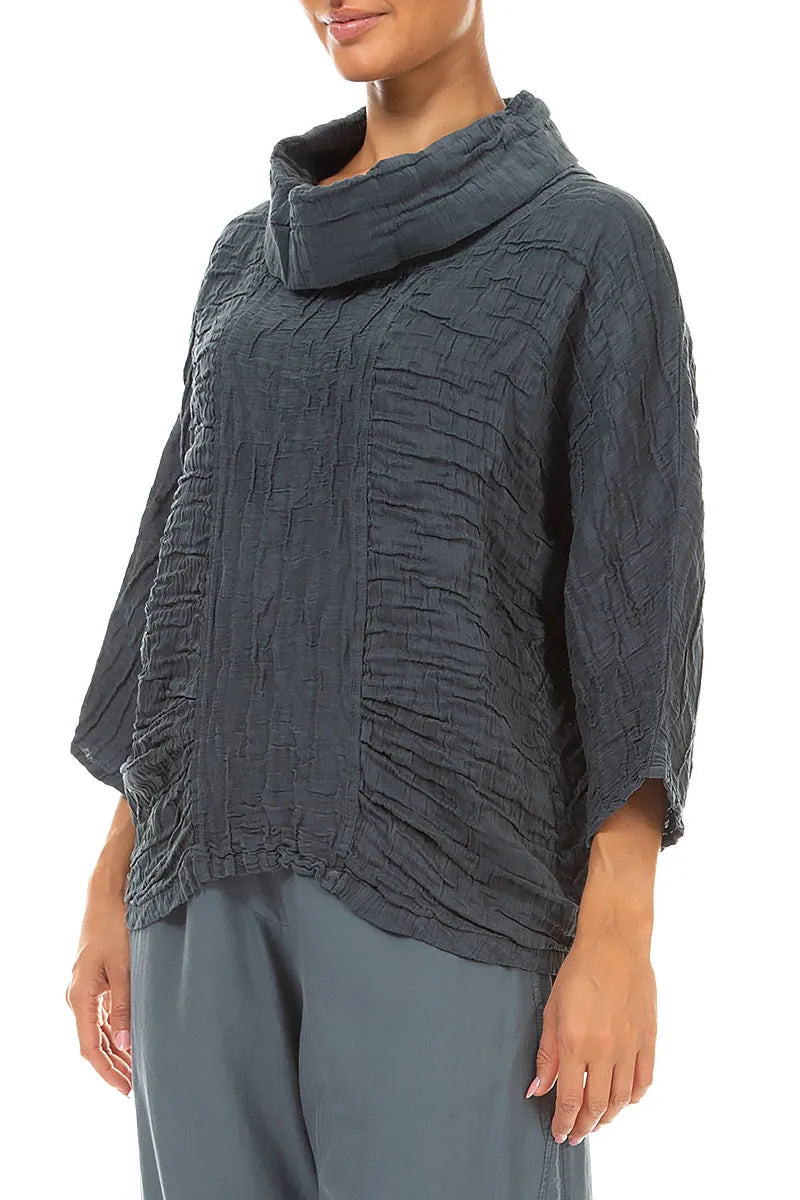 Cowl Neck Crinkled Slate Silk Linen Blouse 3
