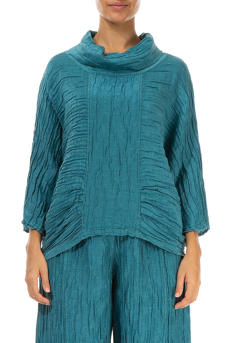 Cowl Neck Crinkled Turquoise Silk Blouse 1