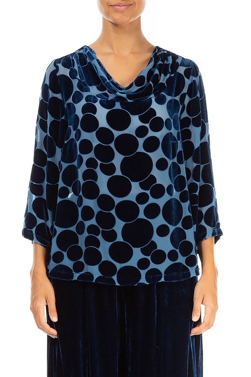 Cowl Neck Devoré Bubbles Azure Silk Velvet Blouse 1