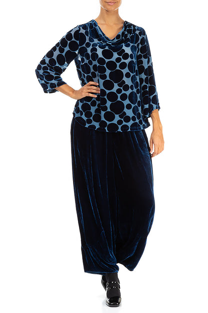 Cowl Neck Devoré Bubbles Azure Silk Velvet Blouse 4