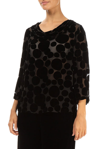 Cowl Neck Devoré Bubbles Black Silk Velvet Blouse 3