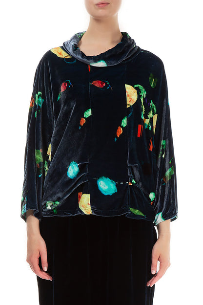 Märchenhafte Stretch-Seidensamtbluse mit Wasserfallausschnitt