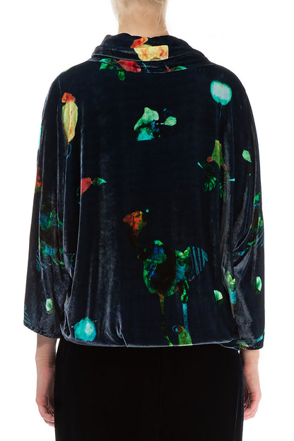 Märchenhafte Stretch-Seidensamtbluse mit Wasserfallausschnitt