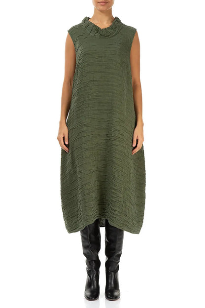 Cowl Neck Forest Mist Crinkled Silk Linen Dress 1