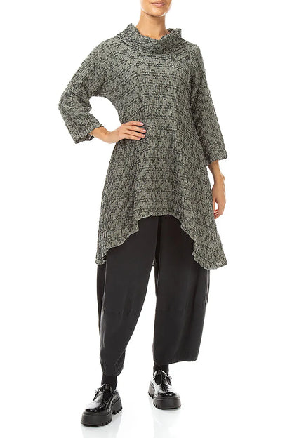 Cowl Neck Geometric Texture Olive Grey Linen Tunic 4
