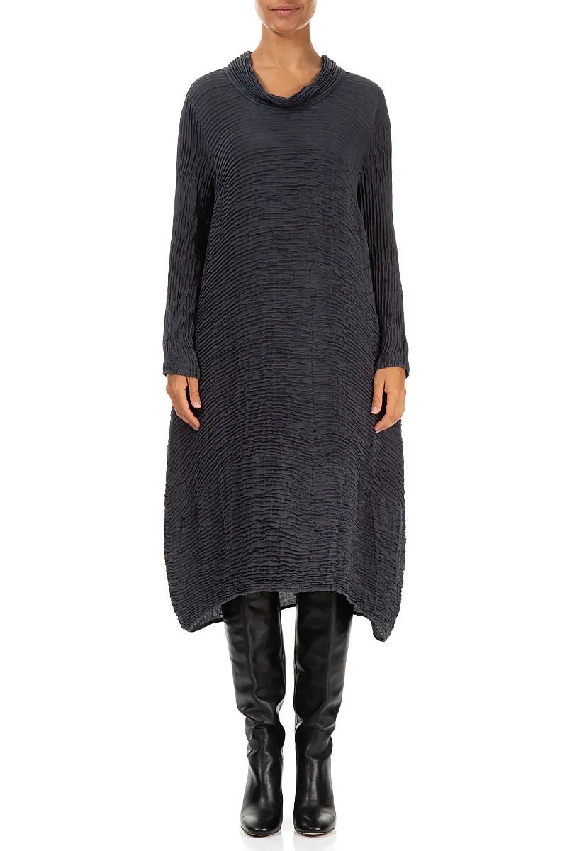 Cowl Neck Graphite Blue Plissé Silk Dress 1
