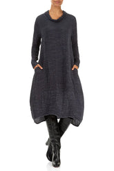 Cowl Neck Graphite Blue Plissé Silk Dress 4