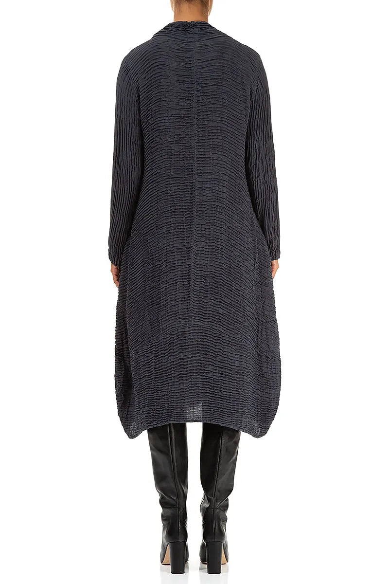 Cowl Neck Graphite Blue Plissé Silk Dress 2