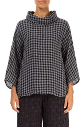 Cowl Neck Grey Check Linen Blouse 1