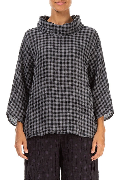 Cowl Neck Grey Check Linen Blouse 1