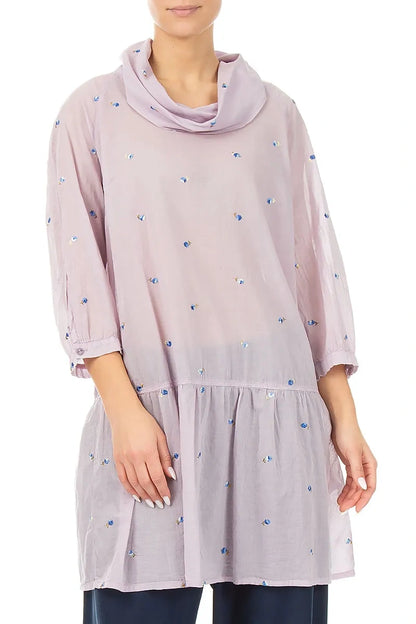 Cowl Neck Lilac Embroidered Petals Cotton Tunic 3