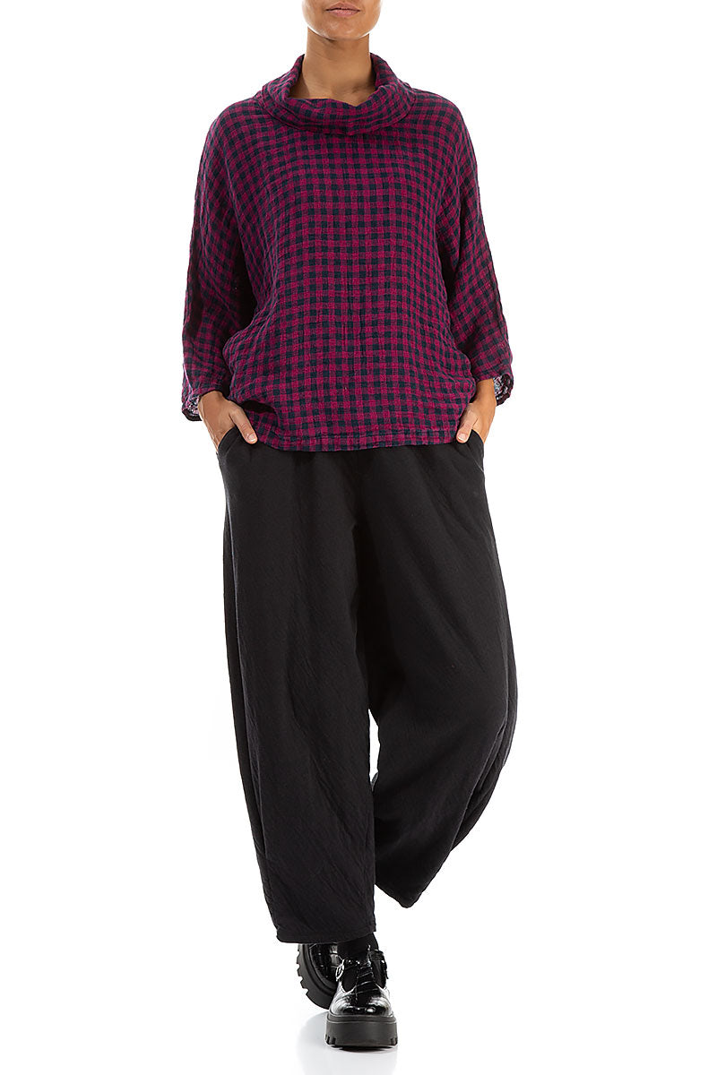 Cowl Neck Magenta Check Linen Blouse 4