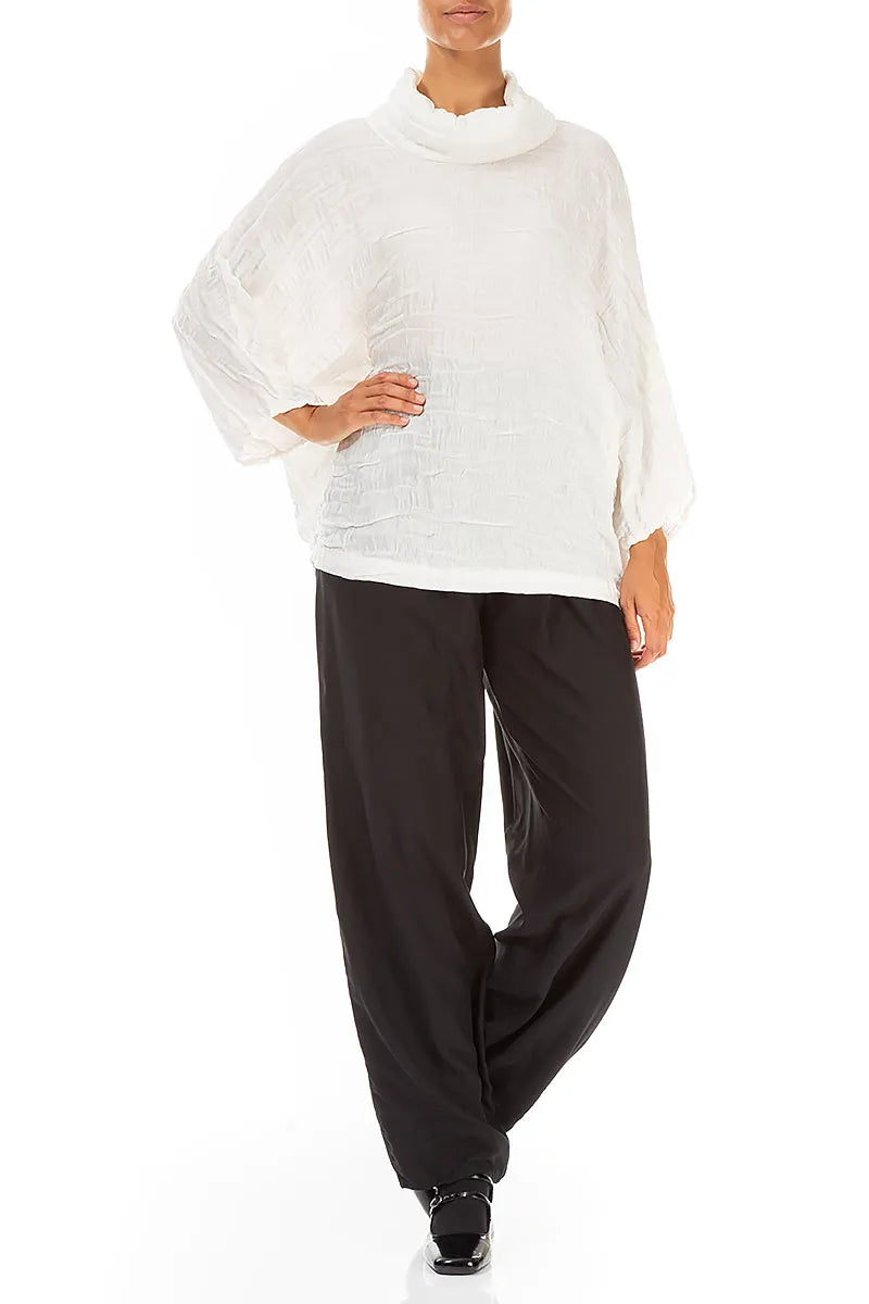 Chemisier blanc cassé en soie et lin à col bénitier et imprimé circulaire