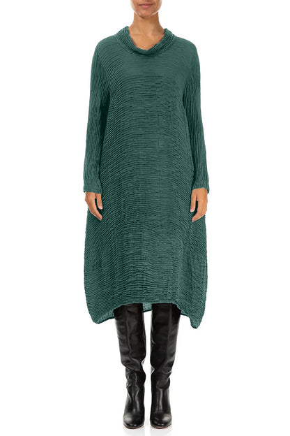 Cowl Neck Peacock Plissé Silk Dress 1