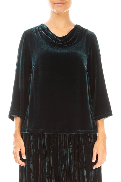 Chemisier en velours de soie à col bénitier et motif paon