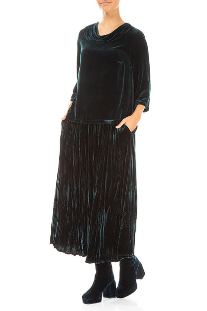 Chemisier en velours de soie à col bénitier et motif paon