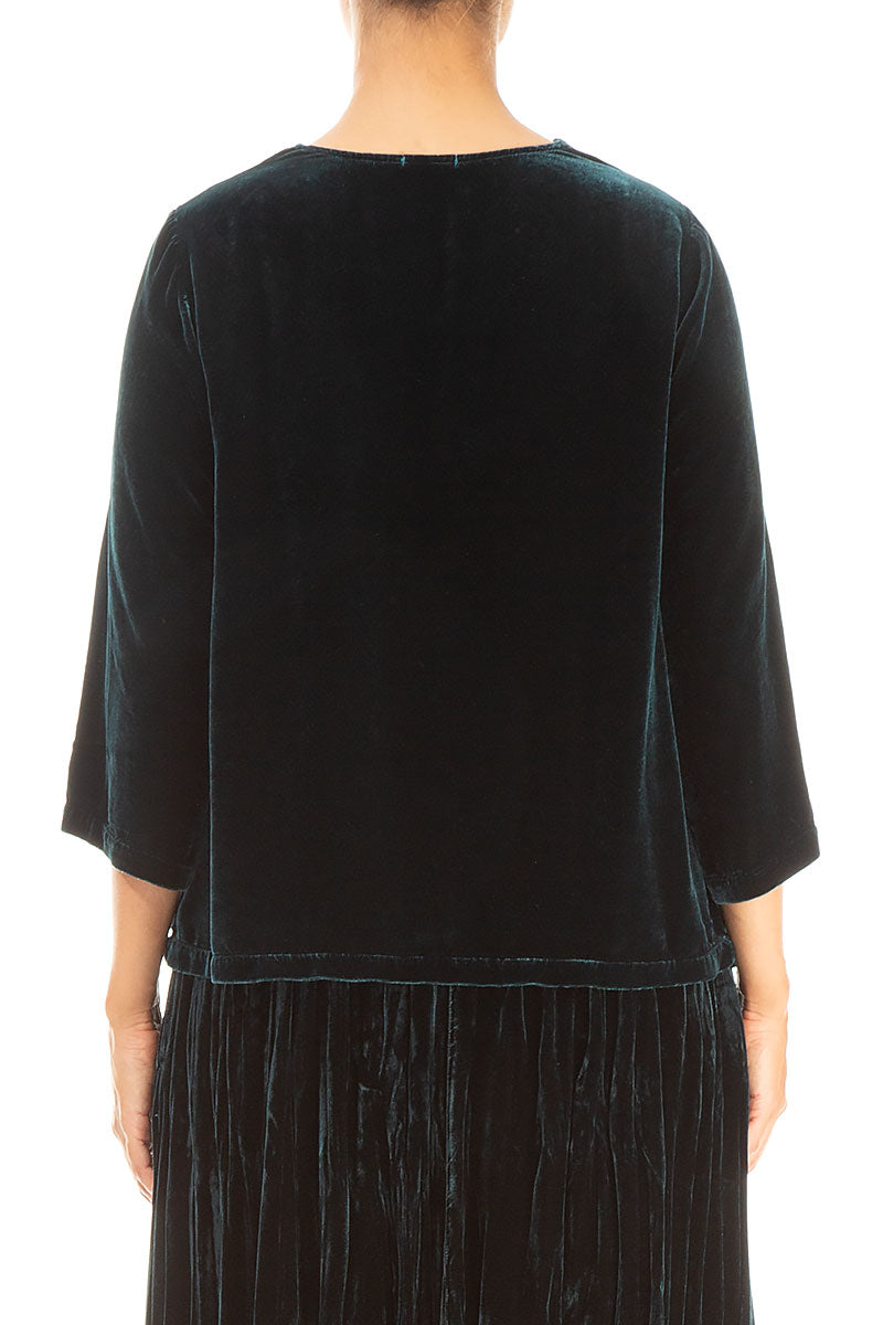 Chemisier en velours de soie à col bénitier et motif paon