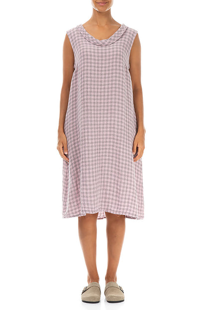 Cowl Neck Pink Check Linen Midi Dress 1