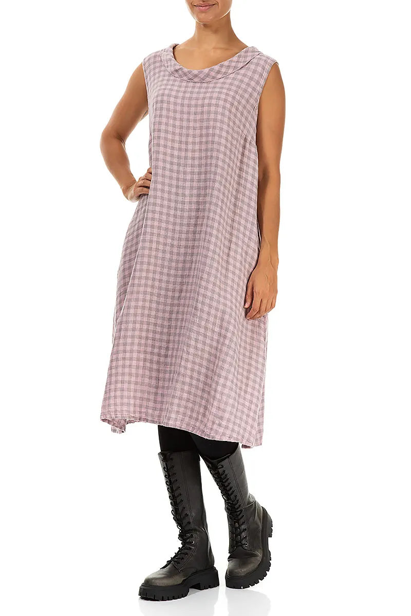 Cowl Neck Pink Check Linen Midi Dress 4