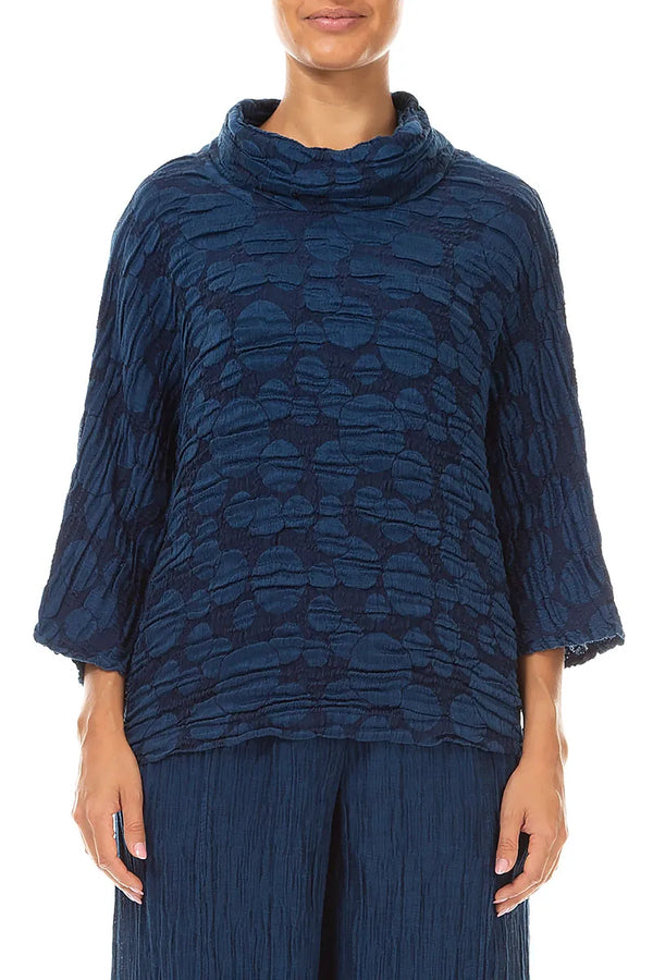 Blouse en Soie Lin bleu roi à col bénitier et motif circulaire