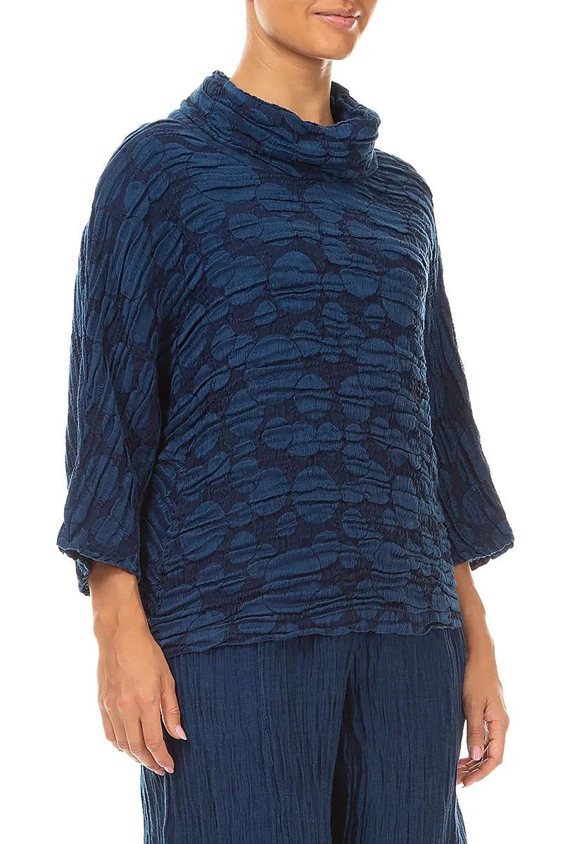 Cowl Neck Royal Blue Circle Silk Linen Blouse 3