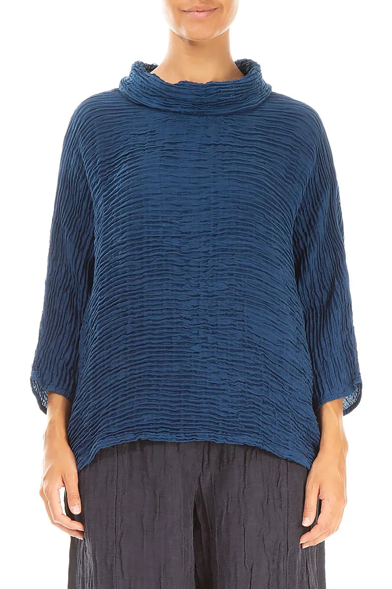 Cowl Neck Royal Blue Plissé Silk Blouse 1