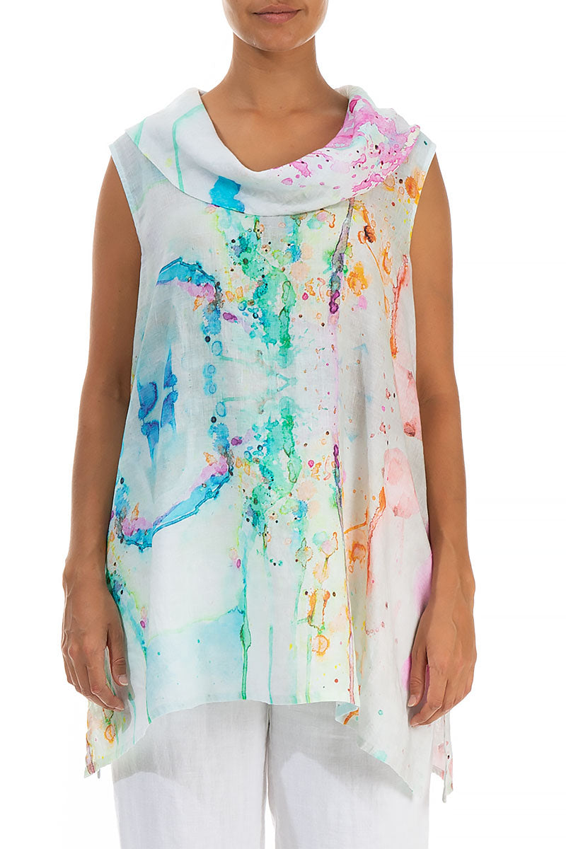 Cowl Neck Sleeveless Artful Splash Linen Tunic 1