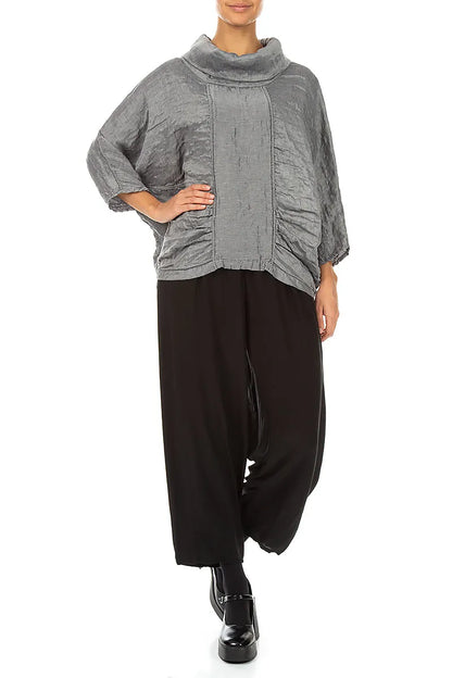 Cowl Neck Textured Silver Silk Blouse 4