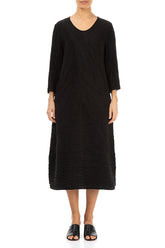 Crinkled Black Silk Linen Midi Dress 1