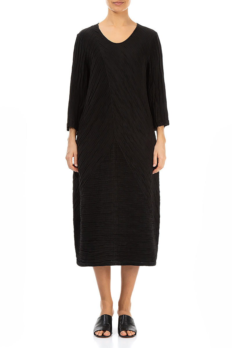 Crinkled Black Silk Linen Midi Dress 1
