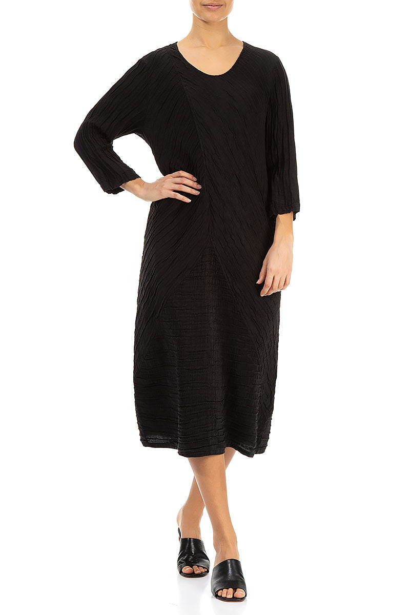 Crinkled Black Silk Linen Midi Dress 3