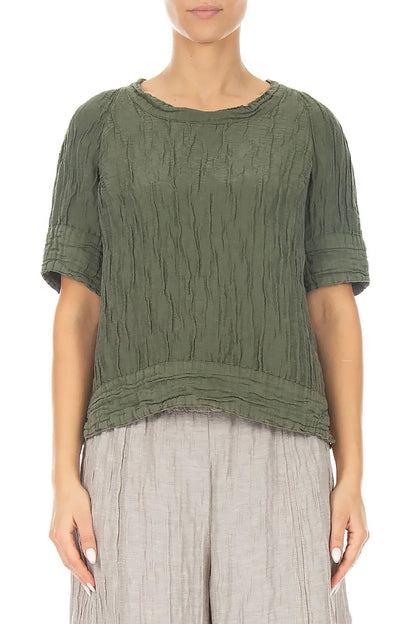 Crinkled Forest Mist Silk Linen Blouse 1
