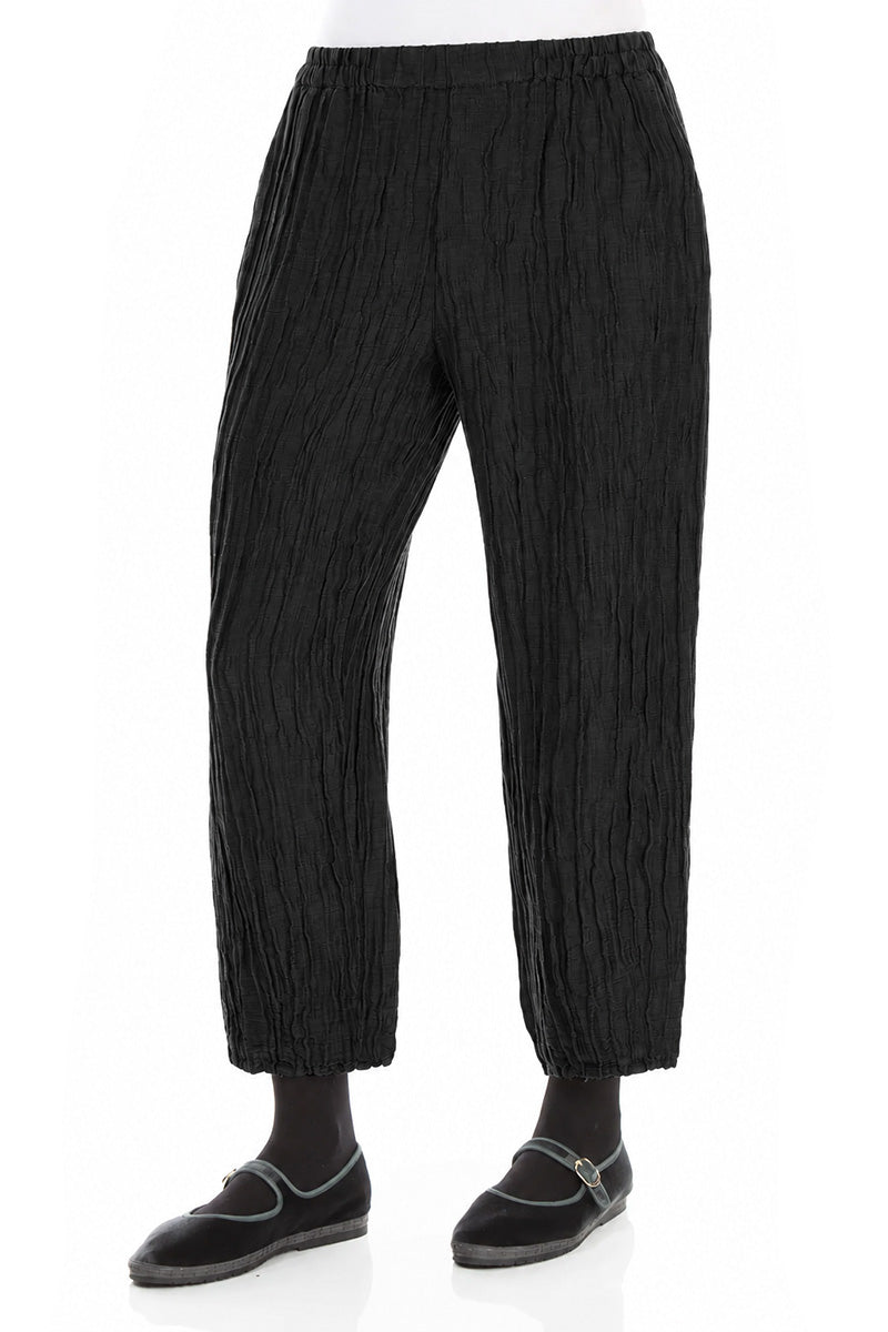 Cropped Crinkled Black Silk Linen Trousers 3